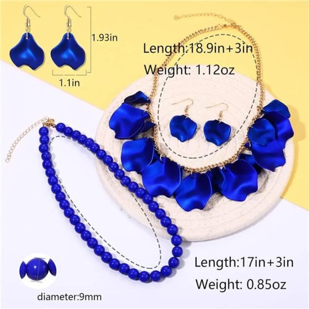 Blue Flower Petal Necklace Earrings Set Layered Statement Necklace Beaded